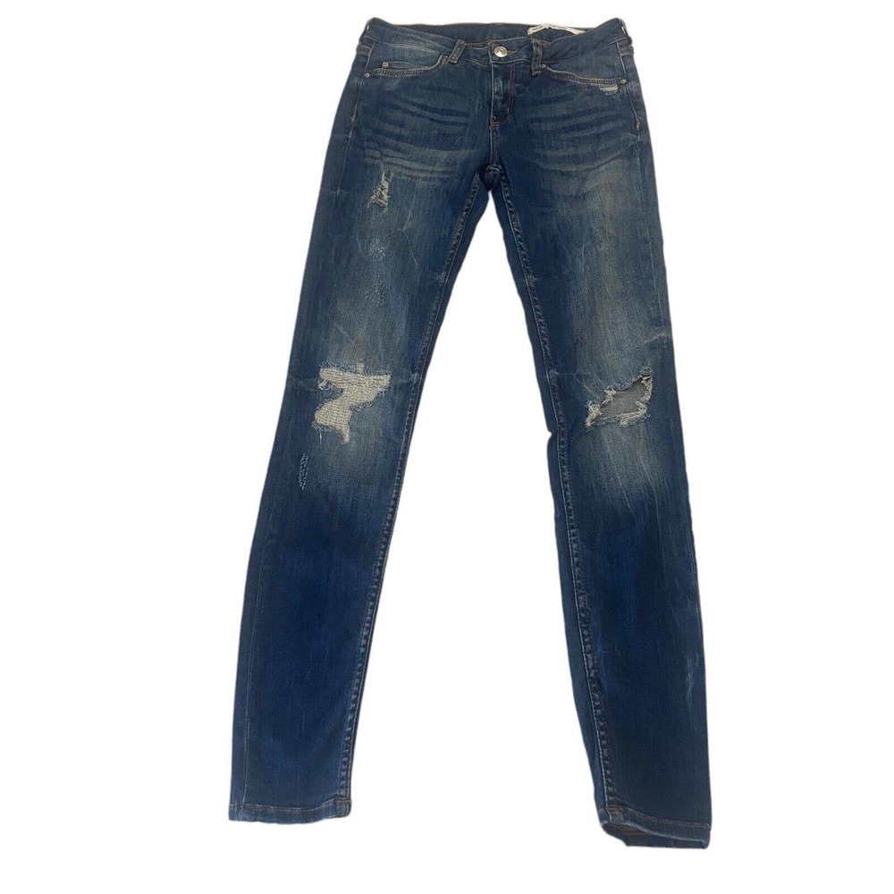 Zara Women's Size 4 Mid Rise Skinny Fit Blue Stretch Distressed Denim Jeans